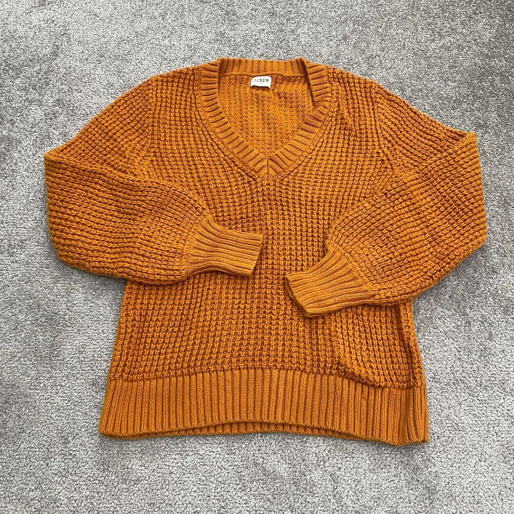 J.Crew Sweater Womens Medium Orange Pullover Knit V Neck Sweatshirt 100% Cotton